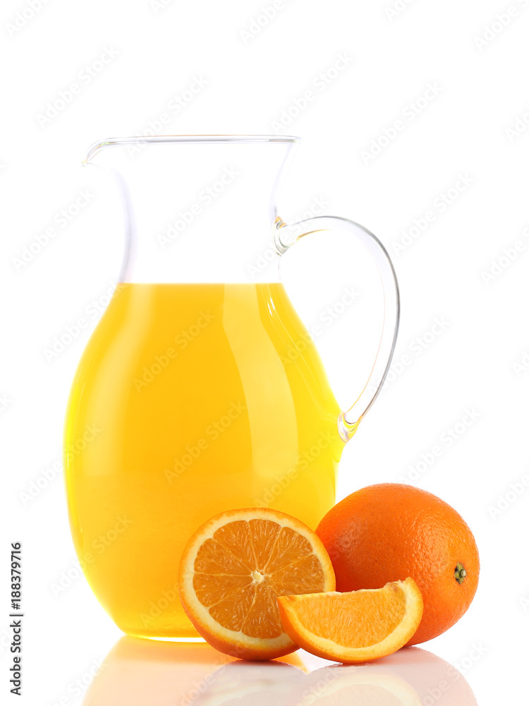 Jug of orange juice and oranges isolated on white Jug of orange juice and oranges isolated on white