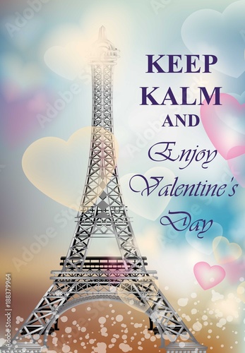 Happy Valentine Day Romantic card with balloons and Eiffel Tower Vector illus...
