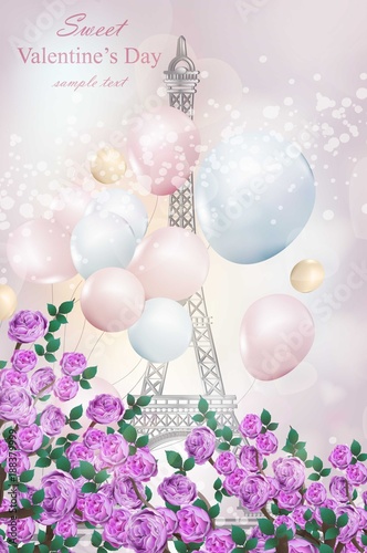 Happy Valentine Day Romantic card with balloons and Eiffel Tower Vector illus...