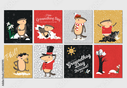Happy Groundhog Day set, cute marmot in cylinder holds flower - white snowdrop, prediction of weather, animal climbed out of ground burrows after wintering, hog gipernation vector illustration