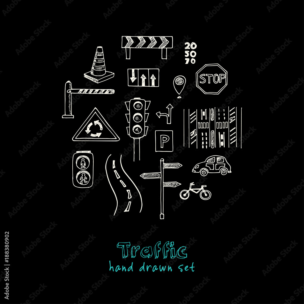 Hand drawn doodle traffic set.