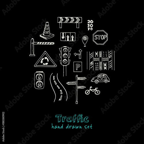 Hand drawn doodle traffic set.