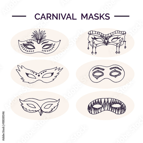 Hand drawn doodle carnival masks set.