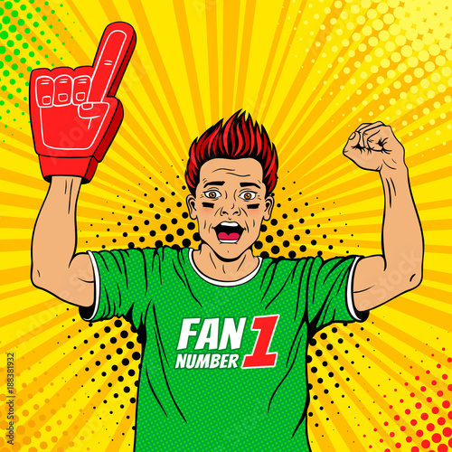 Wow pop art male face. Young sexy happy football fan with open mouth rising his hands celebrates win. Vector colorful illustration in retro comic style. Watching sport game invitation poster.