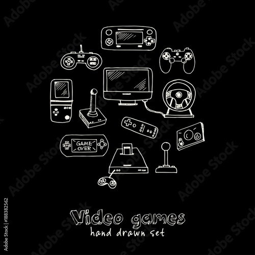 Hand drawn doodle video games set.