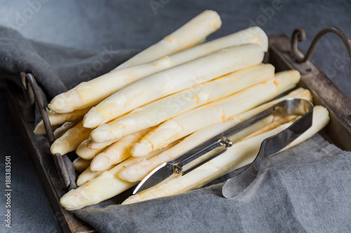 Spring season, new harvest of Dutch, German white asparagus