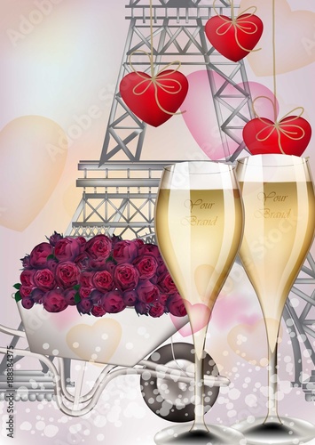 Champagne glasses and Eiffel Tower background. Vector realistic romantic cards