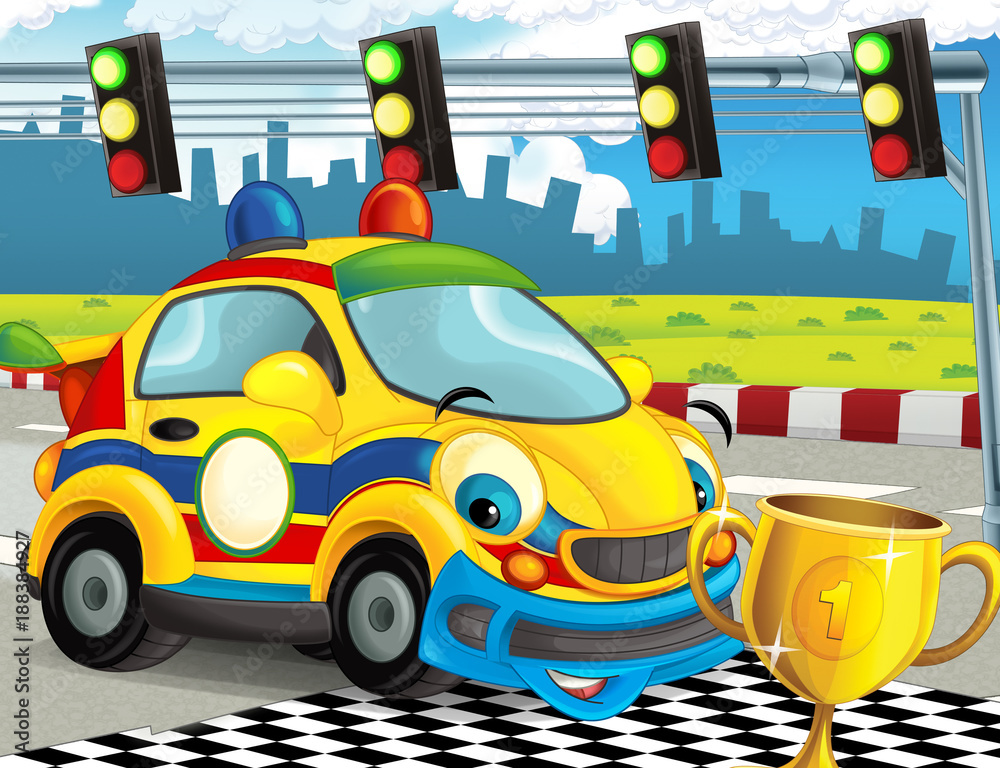 cartoon funny and happy looking racing car on race track - illustration for children cartoon funny and happy looking racing car on race track - illustration for children