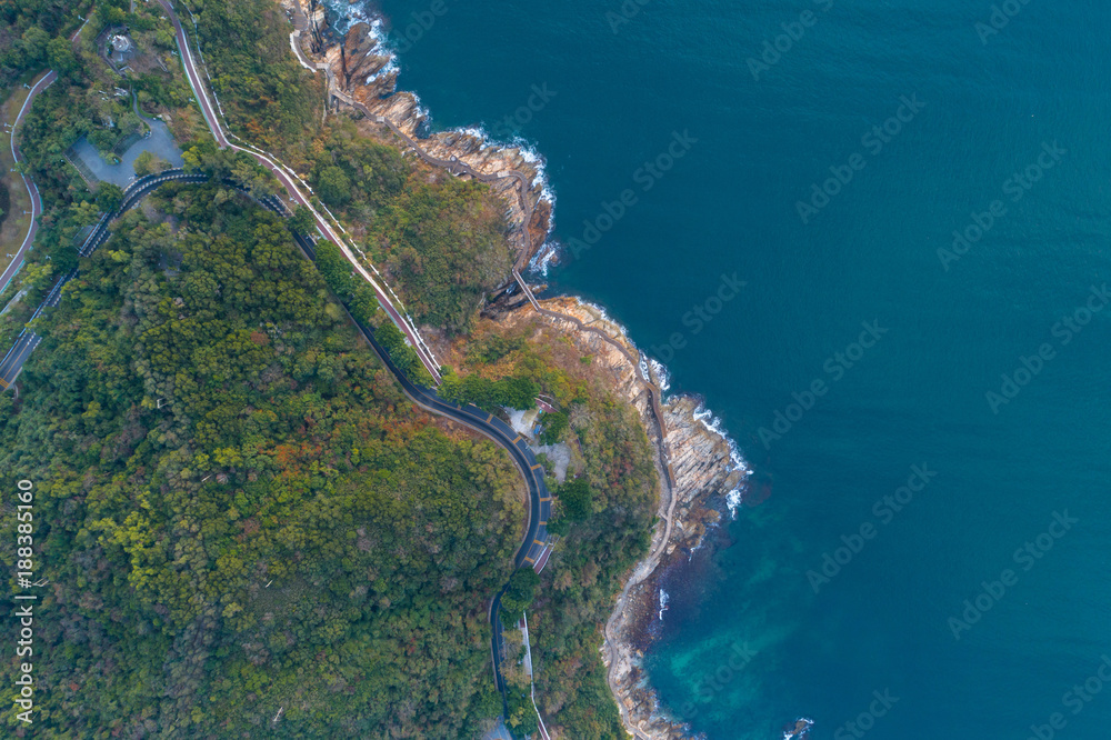 looking down from drone aerial view of the coastline
