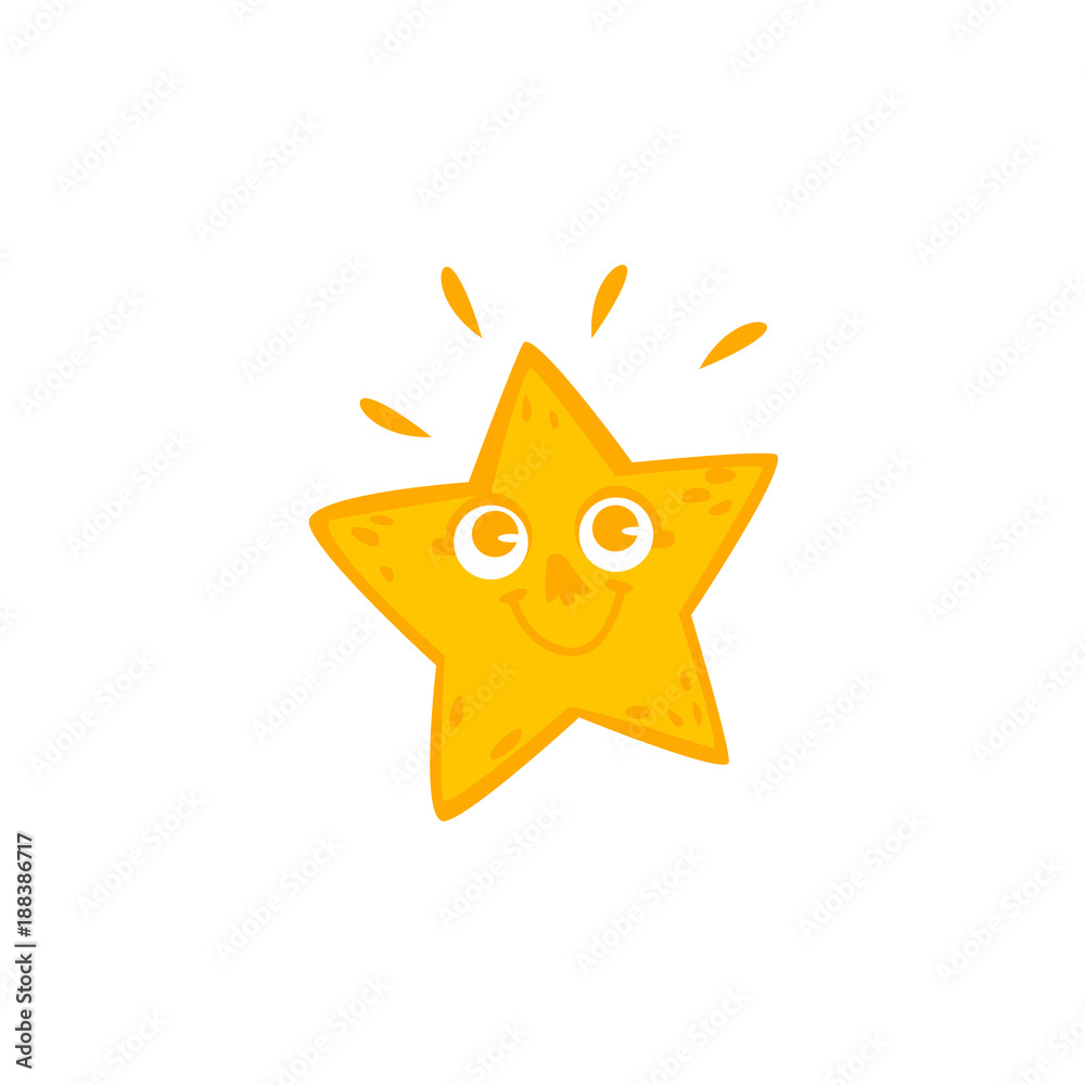 Cute funny shining star character with big eyes and smile, flat cartoon  vector illustration isolated on white background. Funny star character with  smiling human face, hand-drawn comic doodle Stock Vector | Adobe