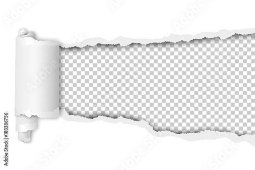 Vector torn hole in sheet of white paper. Transparent background of resulting window. Template paper design.