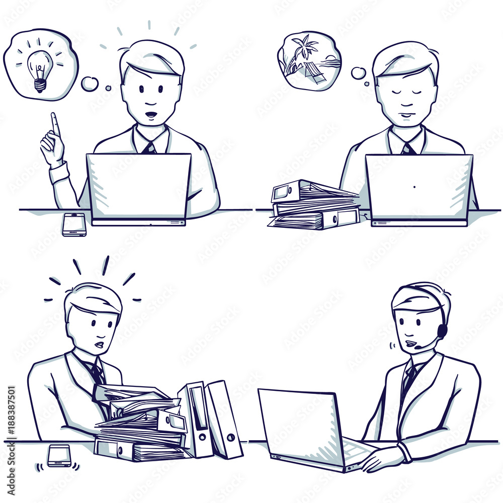 Set of business man cartoon illustration. Sitting scenes: customer support service, had an idea, he is busy, doesn't have time to work, dreams of a vacation. Hand drawn doodle vector illustration.. Set of business man cartoon illustration. Sitting scenes: customer support service, had an idea, he is busy, doesn't have time to work, dreams of a vacation. Hand drawn doodle vector illustration..
