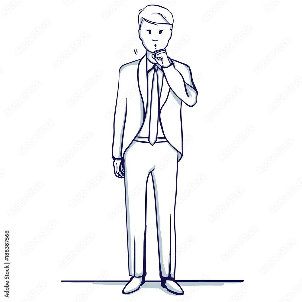 Young business man stands. He coughs, fell ill. Hand drawn doodle cartoon vector illustration.. Young business man stands. He coughs, fell ill. Hand drawn doodle cartoon vector illustration..