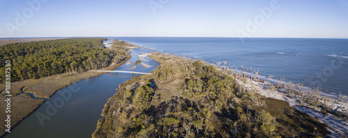 Birds eye view of coastal forest and Atlantic Ocean in South Carolina