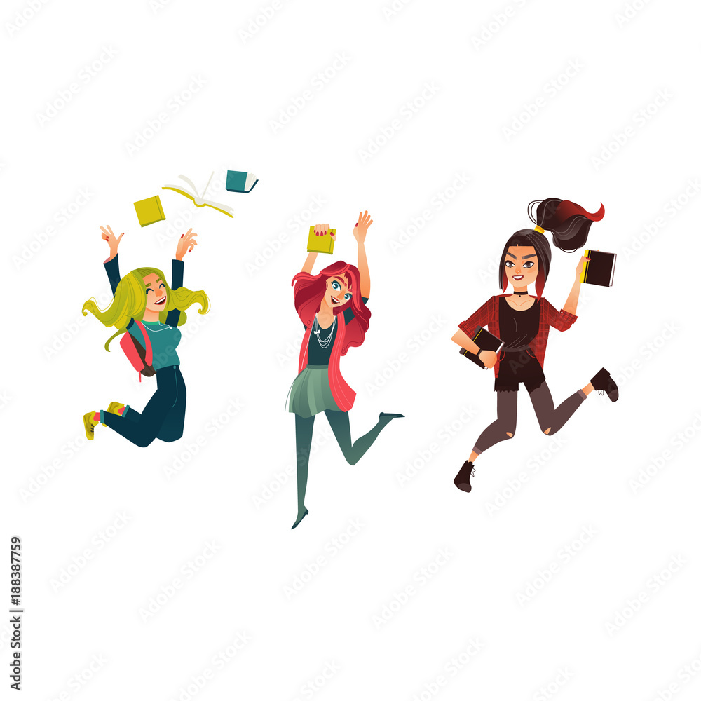 Vector cartoon young happy teen student girls jumping with books, throwing  textbooks up University college cute female character women in modern  casual outfit jeans colored hair. Isolated illustration Stock Vector | Adobe