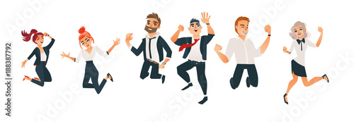 Successful business office men and women jumping set. Characters in office corporate clothing, tuxedo. Vector cartoon isolated illustration, white background