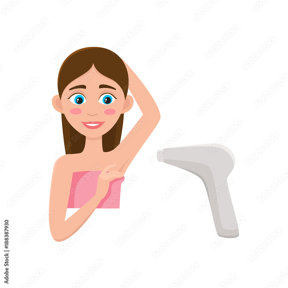 vector flat girl in pink towel showing clean epilated armpit. Hair removal tools, armpit epilation concept and laser machine icon. Isolated illustration on a white background.