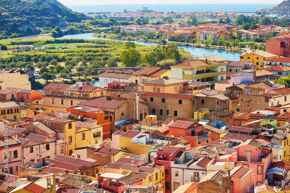Aerial view of colorful houses in Bosa, Sardinia, Italy