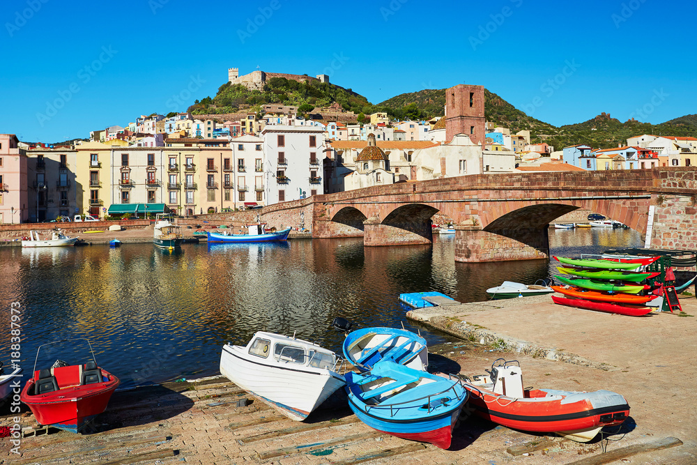 Colorful fishing boats in Bosa, Sardinia, Italy