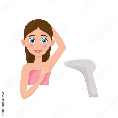 vector flat girl in pink towel showing clean epilated armpit. Hair removal tools, armpit epilation concept and laser machine icon. Isolated illustration on a white background.