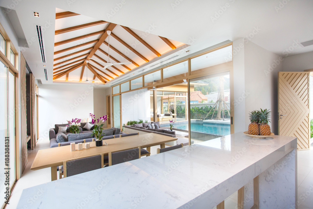Luxury interior design in living room of pool villas. Airy and bright ...