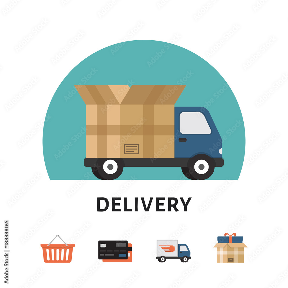Delivery car. Online shopping concept. Shopping icons. Flat style, vector illustration. Delivery car. Online shopping concept. Shopping icons. Flat style, vector illustration.