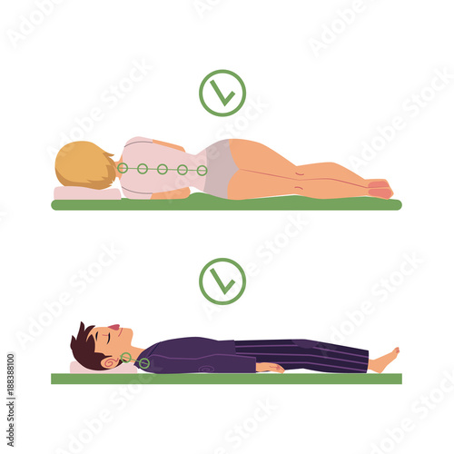 Correct neck and spine alignment of young cartoon man and woman character sleeping with back, side sleeping posture. Healthy sleeping positions. Back, spine care concept. Vector isolated illustration