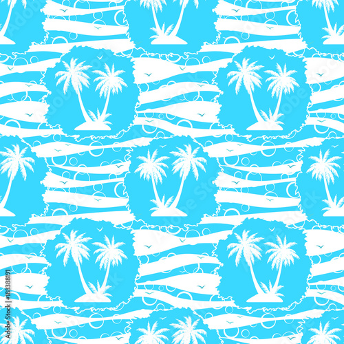 Seamless Pattern, Exotic Landscape, Tropical Palm Trees and Grass Silhouettes, Tile Blue and White Background with Sea Birds Gulls. Vector