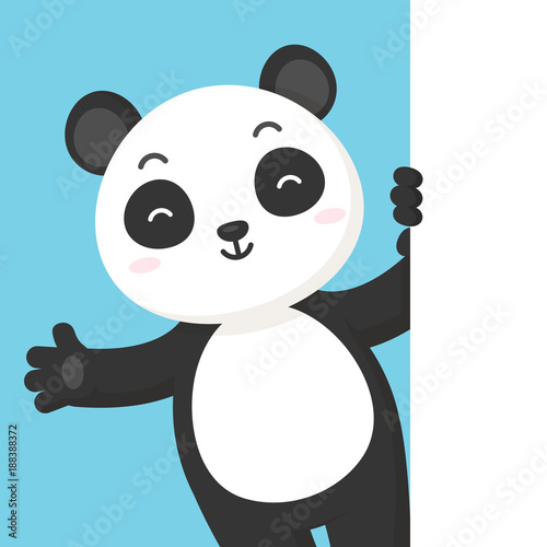 Happy Panda Bear standing behind blank white banner vector illustration in flat style. 