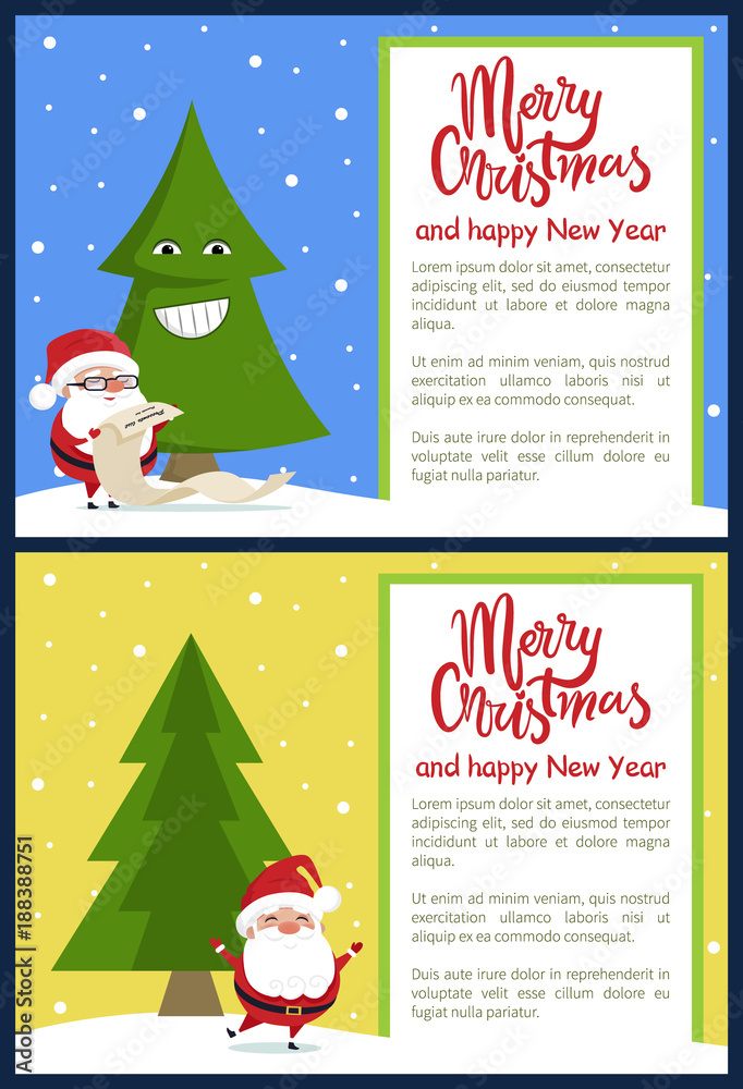 Naklejka premium Merry Christmas Happy New Year Poster Santa Tree