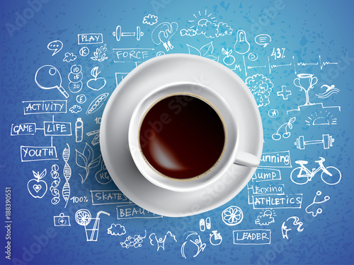 Coffee cup concept. Health icons with hot coffe mug. Sport and healthy life style with coffee