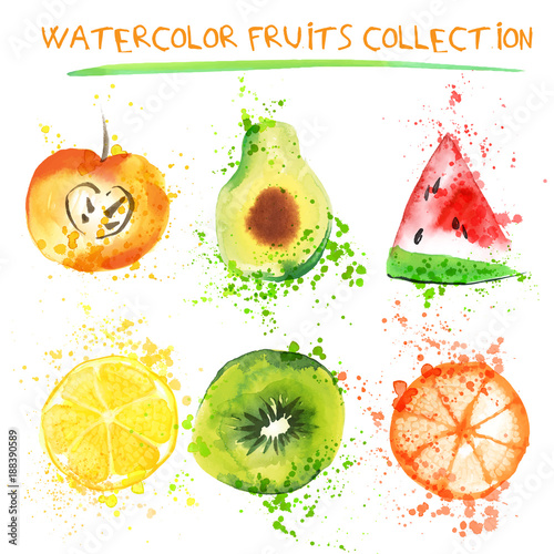 Set of Fresh fruit watercolor objects. Watercolored apple, citruses, avocado and qiwi in one art collection with splashes. Healthy lifestyle set with fruits and juice splash