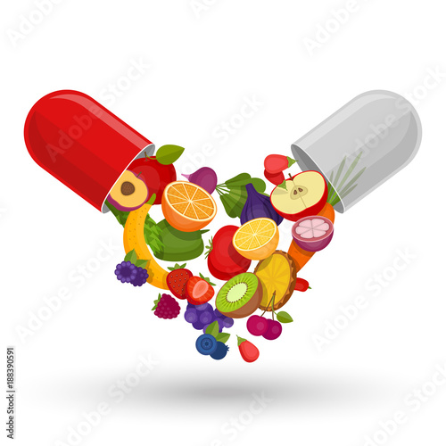 Medical capsule with fruit and vegetables. Vitamins and supplements. Different fruit in capsule. Flat style, vector illustration.