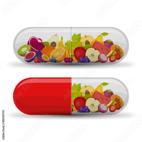 Medical capsule with fruit. Vitamins and supplements. Different fruit in capsule. Flat style, vector illustration.