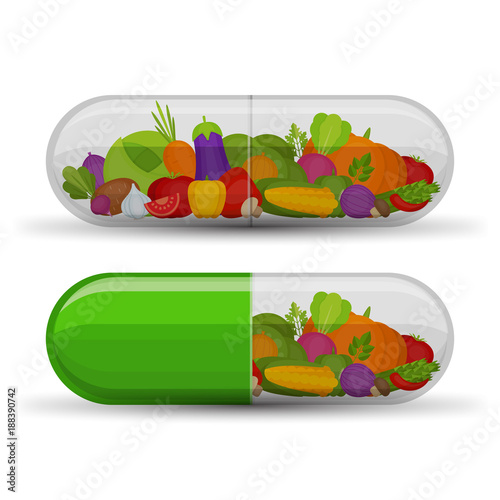Medical capsule with vegetables. Vitamins and supplements. Different fruit in capsule. Flat style, vector illustration.
