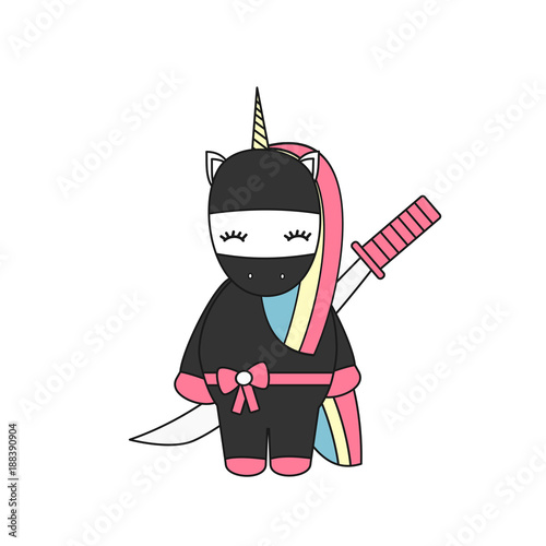 cute cartoon vector illustration with ninja unicorn with sword