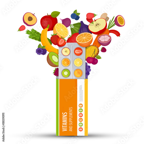Blister pack of pills with fruit. Vitamins and supplements. Flat style, vector illustration.