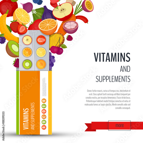 Blister pack of pills with fruit. Vitamins and supplements. Flat style, vector illustration.
