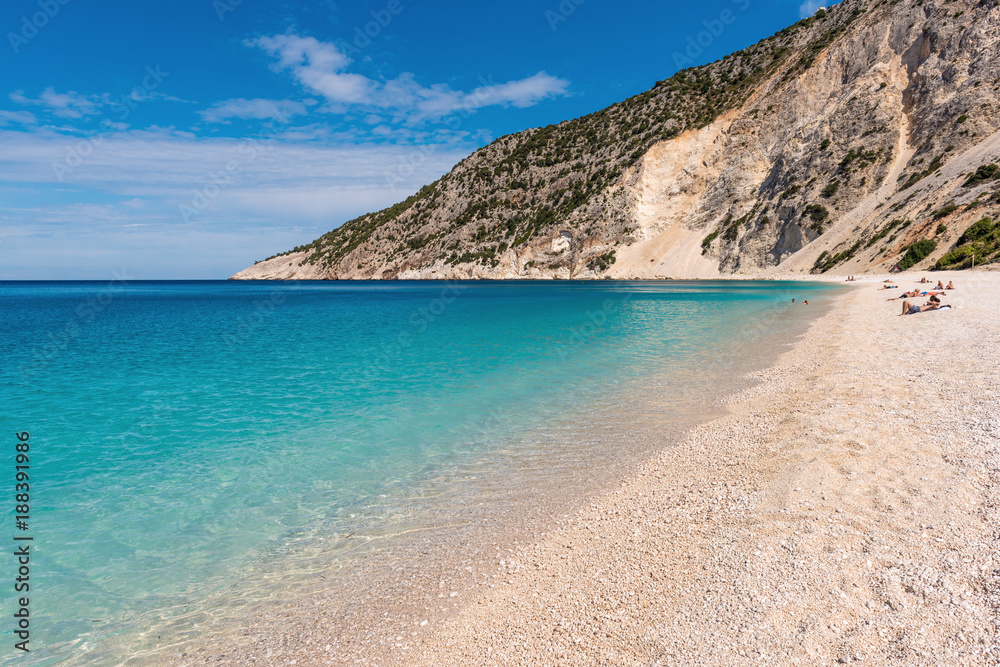 The beautiful beach at Myrtos Bay on the Ionian island of Kefalonia. Greece