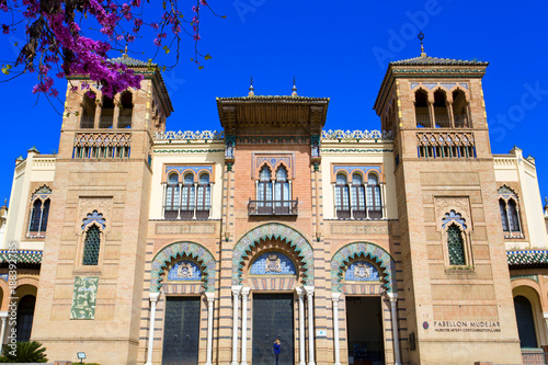 The mudejar pavilion and pond placed in the Plaza de America, houses the Museum of Arts and Traditions of Sevilla, Andalusia,
