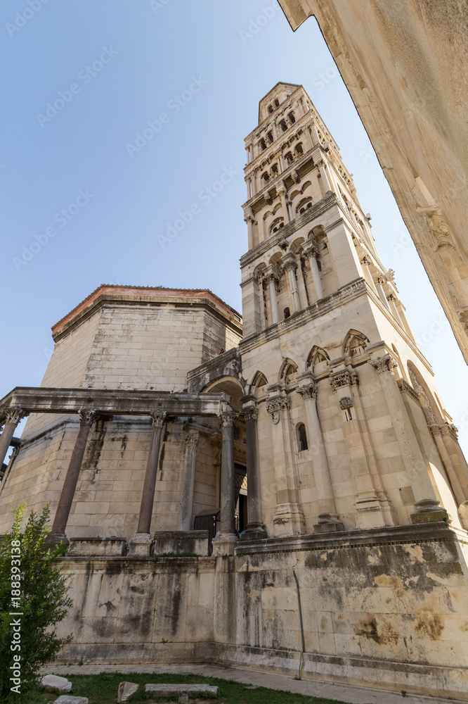 Cathedral of Saint Domnius' bell tower at the Diocletian's Palace in Split, Croatia, on a sunny day.