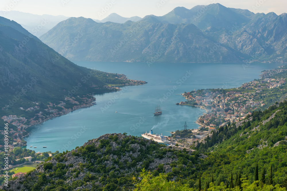 A view of the ancient city of Kotor and the Boka Kotorska bay from the top of the mountain.
