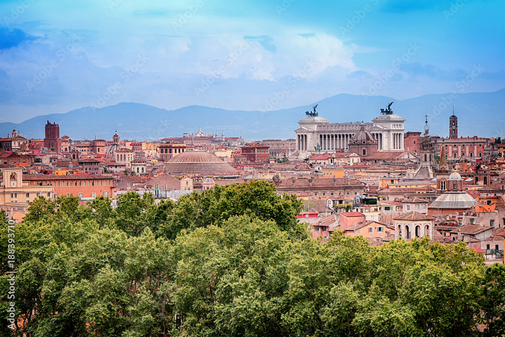 Panorama of Rome against a beautiful cloudy sky in summer