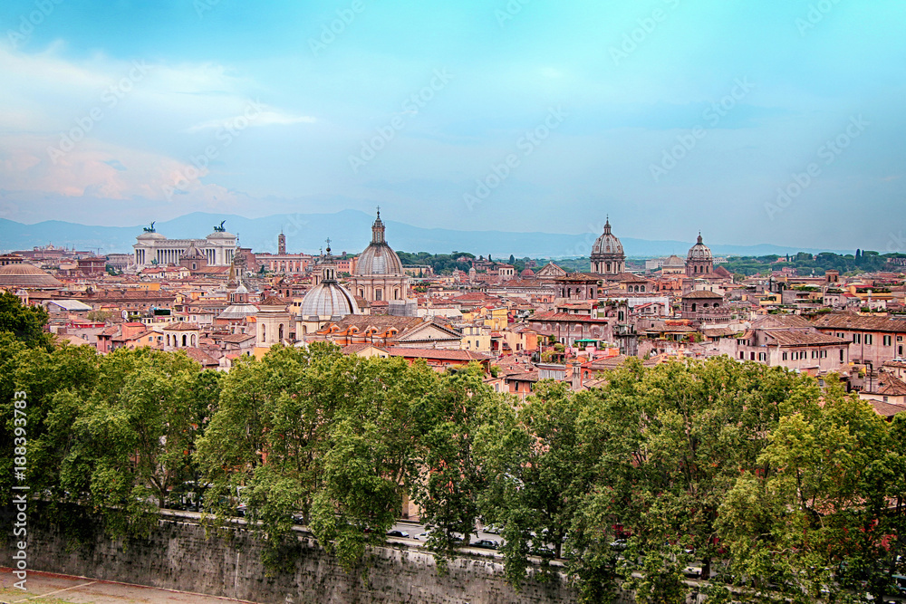 Panorama of Rome against a beautiful cloudy sky in summer