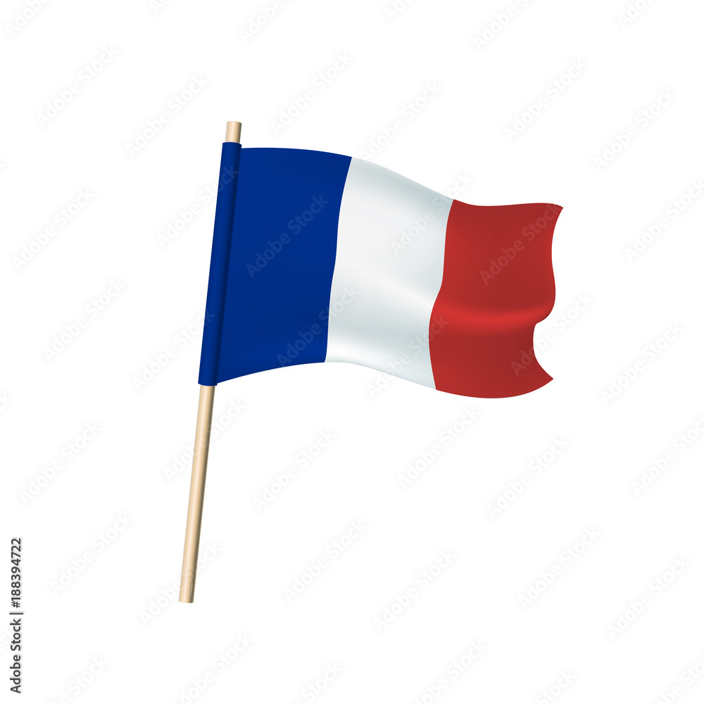 France tricolor (blue, white and reds) flag on white background.