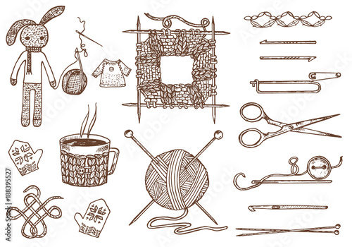 Set tools for knitting or crochet and materials or elements for needlework. club sewing. handmade for DIY. tailor shop. yarn and wool natural home sheep, tangle with needles. engraved hand drawn.