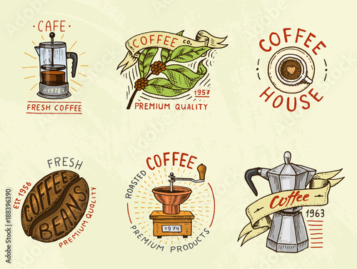 Set of coffee logos. modern vintage elements for the shop menu. Vector illustration. design decoration collection for badges. calligraphy style for frames, labels. engraved hand drawn in old sketch.