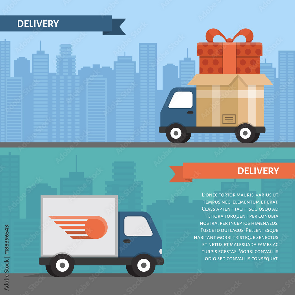 Delivery service. Delivery truck  on city background. Flat style, vector illustration.