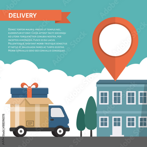 Delivery service. Delivery truck  on city background. Flat style, vector illustration.