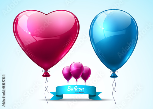 Pink and blue balloons realistic Vector. Heart shape shinny detailed 3d balloons